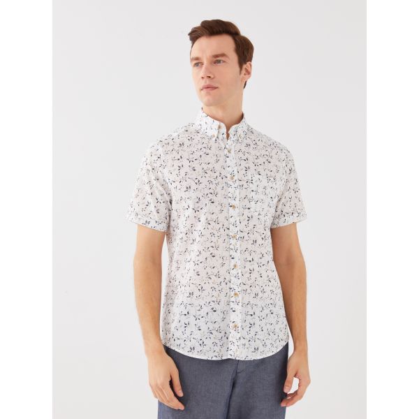 Regular Fit Short Sleeve Patterned Poplin Men's Shirt