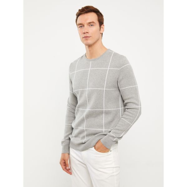 Crew Neck Long Sleeve Plaid Men's Tricot Sweater