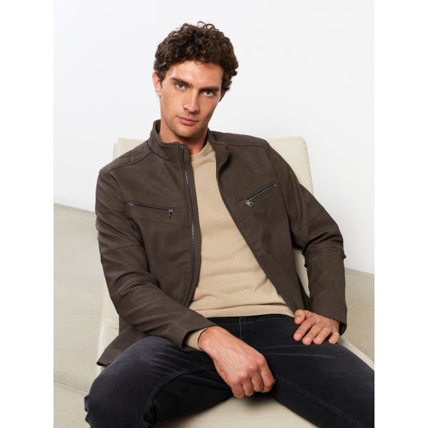 Standard Fit Turtle Neck Men's Faux Leather Jacket