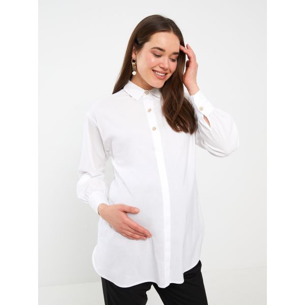 Shirt Collar Straight Long Sleeve Poplin Maternity Tunic