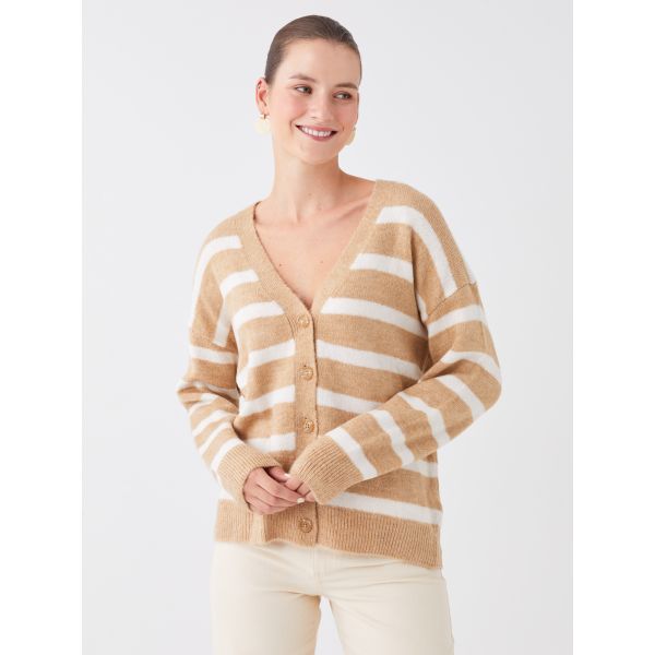 V Neck Striped Long Sleeve Women's Tricot Cardigan