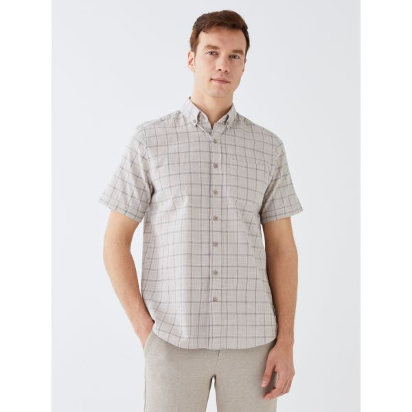 Regular Fit Short Sleeve Plaid Poplin Men's Shirt