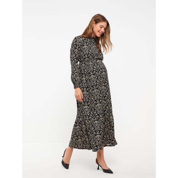 Standing Collar Patterned Long Sleeve Crinkled Maternity Dress