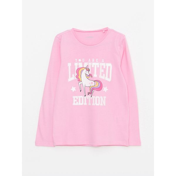 Crew Neck Printed Long Sleeve Cotton Girl T-shirt