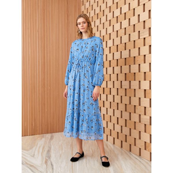 Women's Crew Neck Patterned Long Sleeve Dress