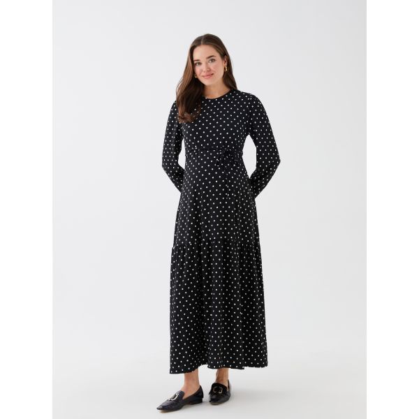 Crew Neck Polka Dot Long Sleeve Maternity Dress