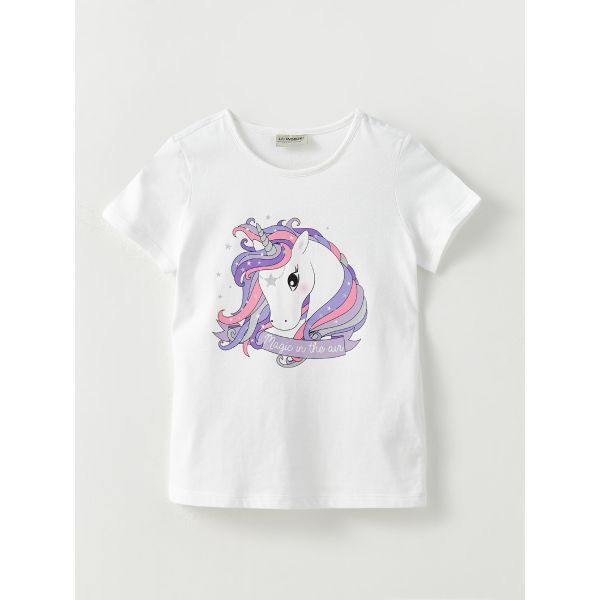 Crew Neck Printed Short Sleeve Cotton Girl T-shirt