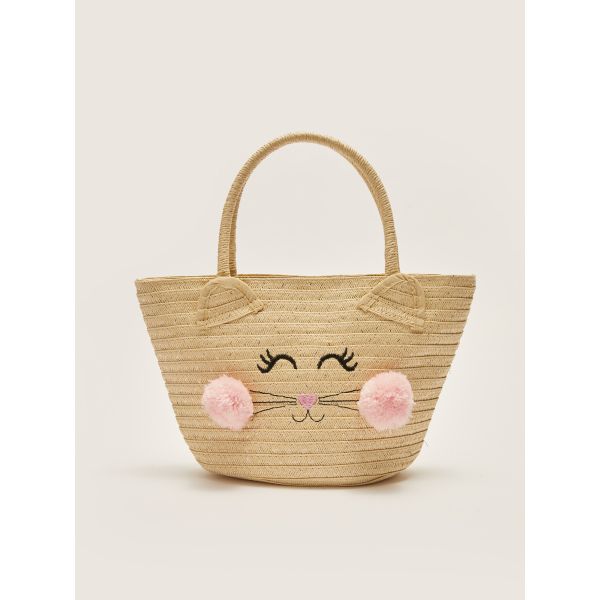 Cat Embroidered Girl Straw Handle Bag