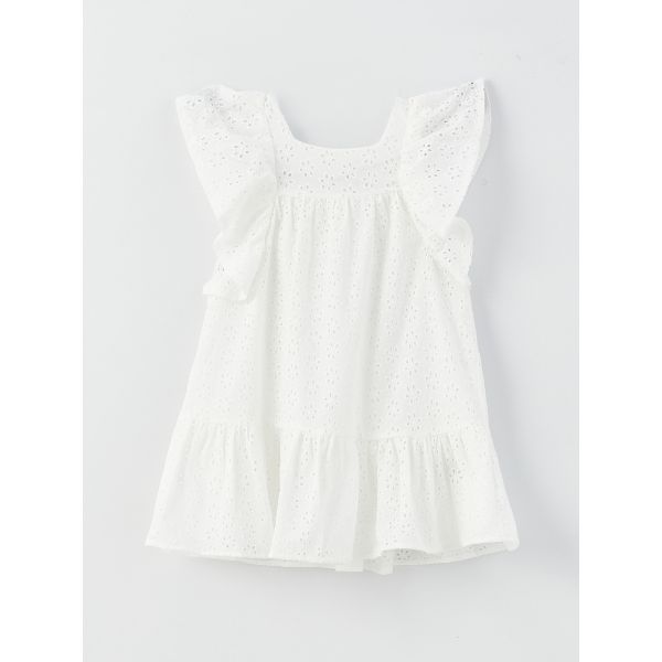 Square Collar Short Sleeve Patterned Baby Girl Dress