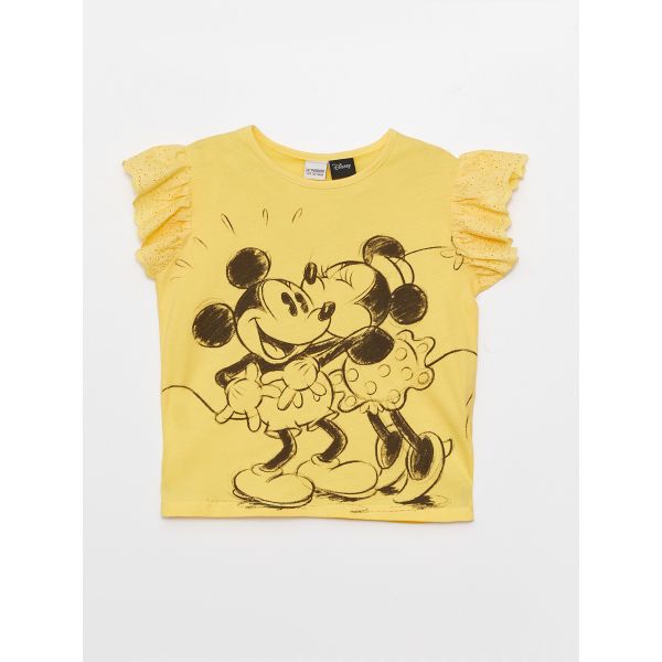 Crew Neck Minnie and Mickey Mouse Printed Short Sleeve Girls T-Shirt