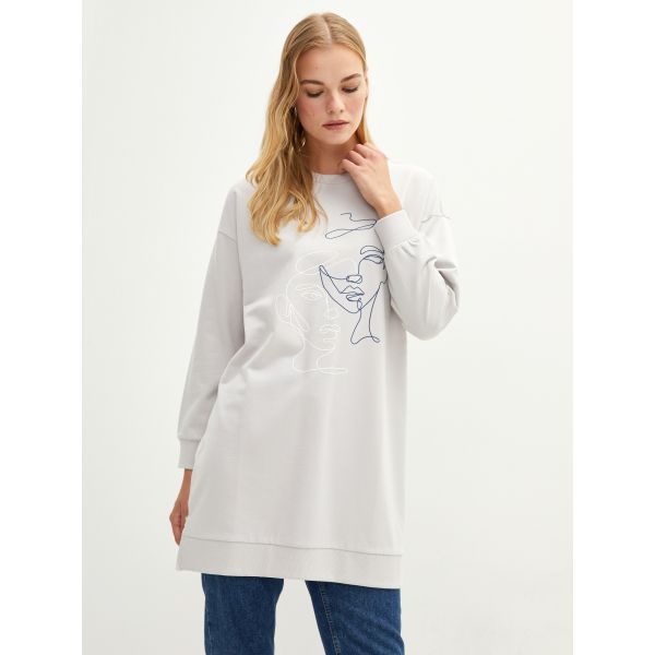 Crew Neck Printed Long Sleeve Cotton Women's Tunic