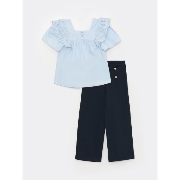 Square Collar Short Sleeve Girls' Blouse and Trousers