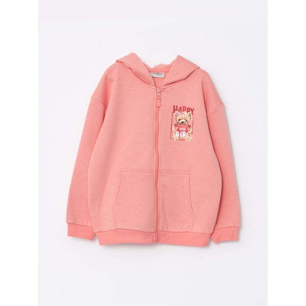 Hooded Printed Long Sleeve Girl Zippered Sweatshirt