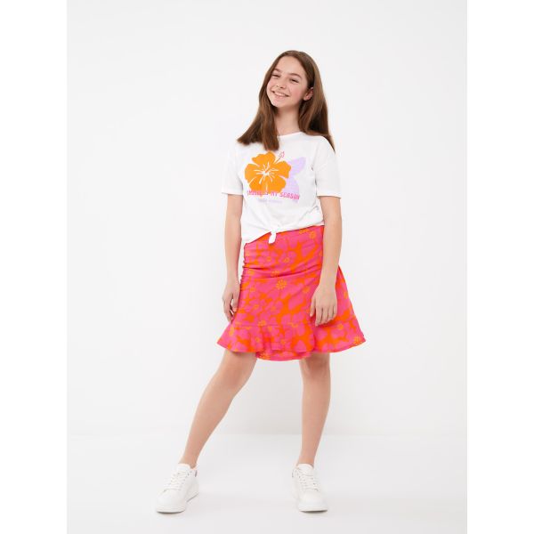 Crew Neck Printed Short Sleeve Girl's T-Shirt and Skirt