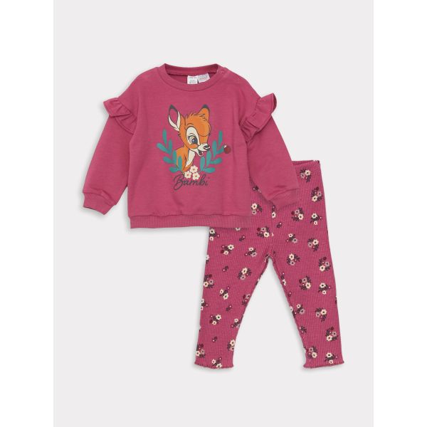 Crew Neck Long Sleeved Bambi Printed Baby Girl Sweatshirt and Leggings 2-Pack Set