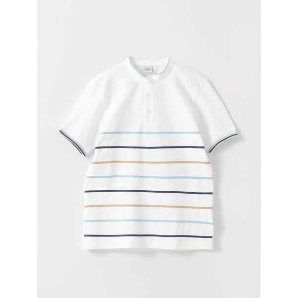 Grandad Collar Striped Short Sleeve Boy T-Shirt