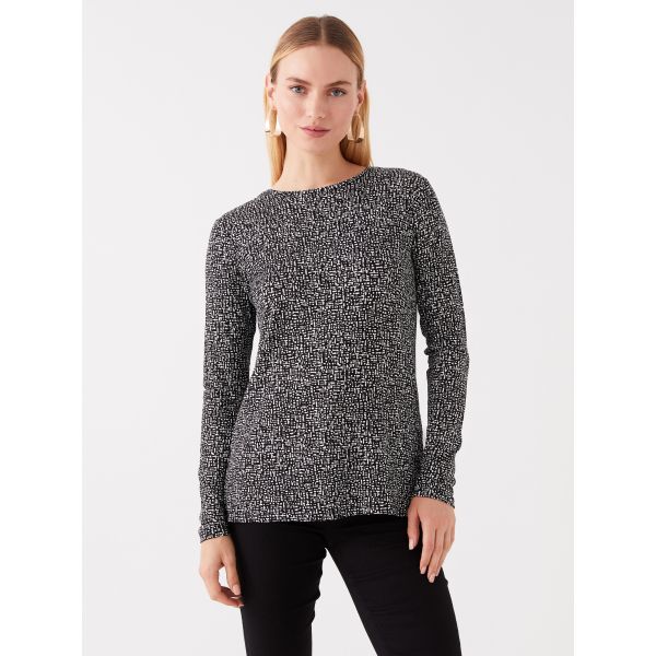 Crew Neck Patterned Long Sleeve Women's Blouse