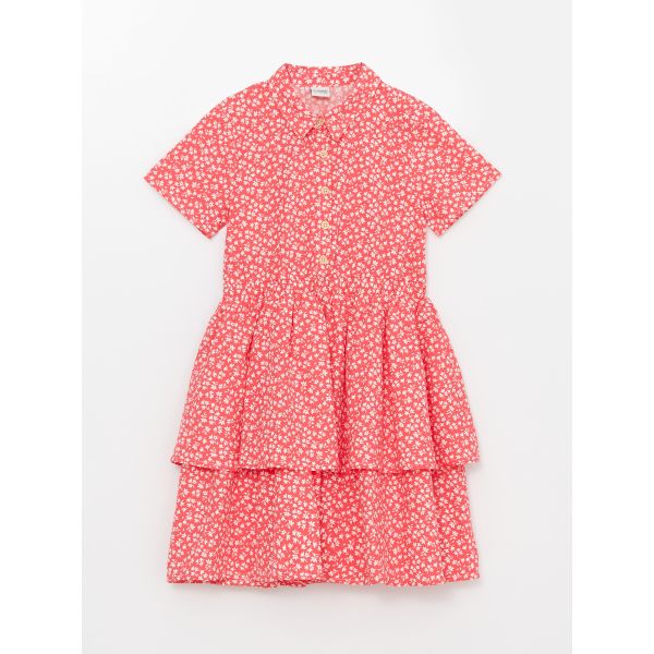 Shirt Collar Patterned Short Sleeve Poplin Girls Dress