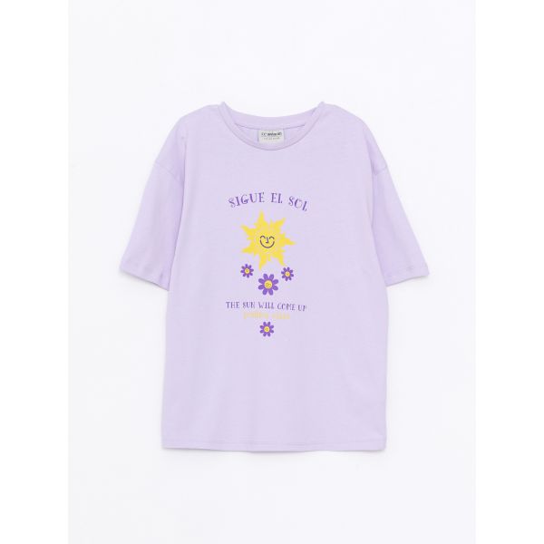 Crew Neck Printed Short Sleeve Cotton Girl T-shirt