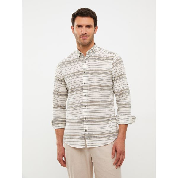 Slim Fit Long Sleeve Striped Poplin Men's Shirt