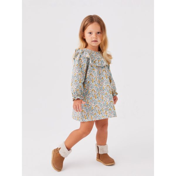 Crew Neck Long Sleeve Floral Patterned Baby Girl Dress