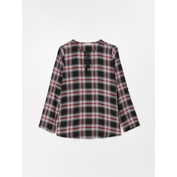 Tie Collar Plaid Long Sleeve Viscose Women's Blouse