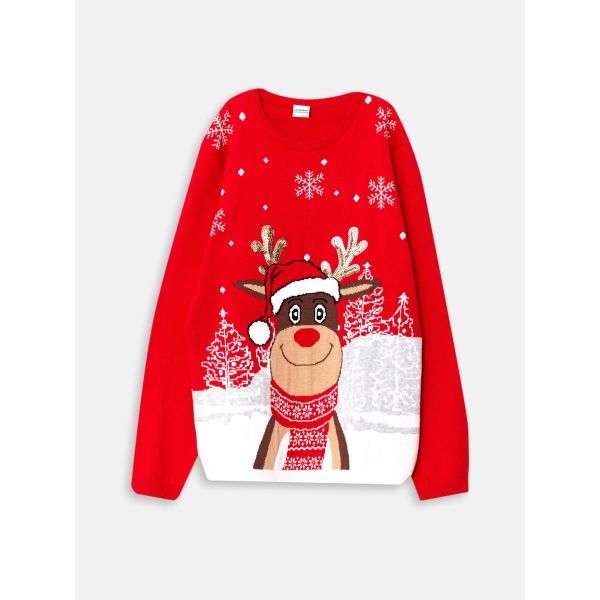 Crew Neck New Year Themed Long Sleeve Girl Tricot Sweater