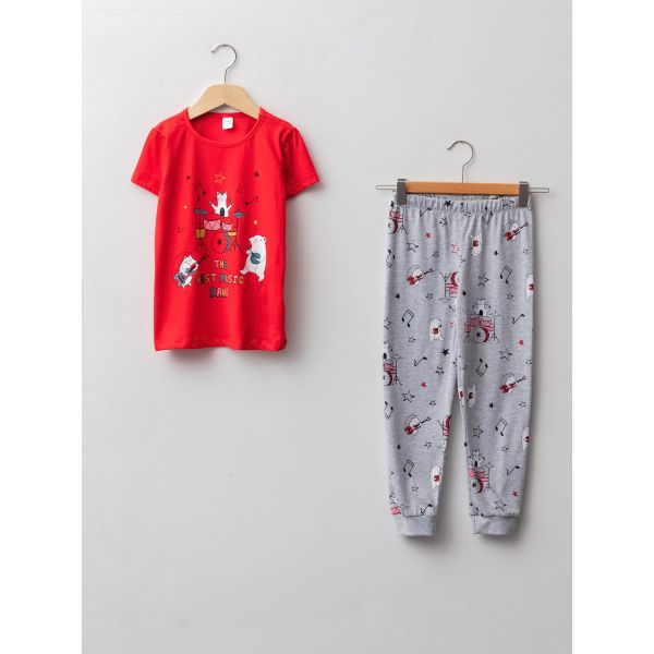 Crew Neck Printed Short Sleeve Girl Pajama Set