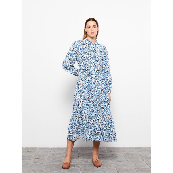 Shirt Neck Patterned Long Sleeve Viscose Women's Dress