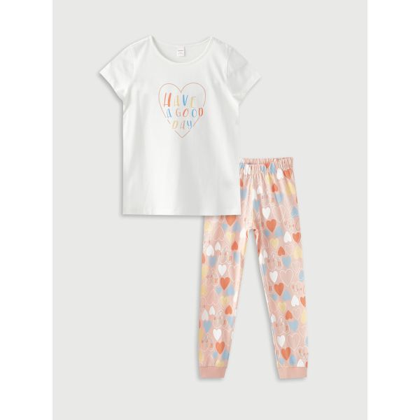 Crew Neck Printed Short Sleeve Girl Pajama Set