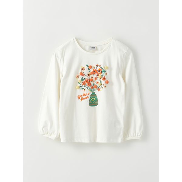 Crew Neck Printed Long Sleeve Cotton Girl T-shirt