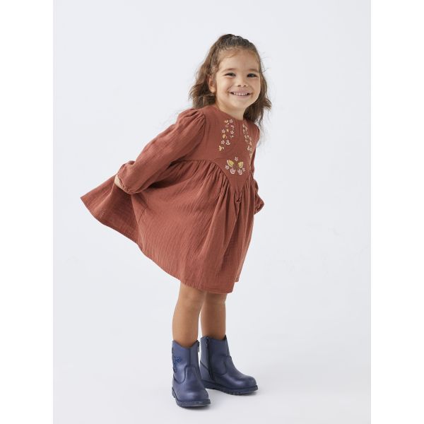 Crew Neck Long Sleeve Embroidery Detailed Baby Girl Dress