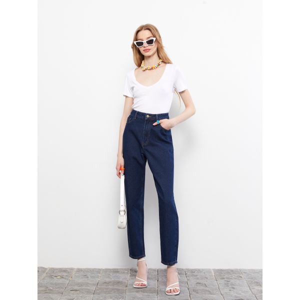 High Waisted Mom Fit Regular Pocket Detailed Women's Rodeo Denim Trousers