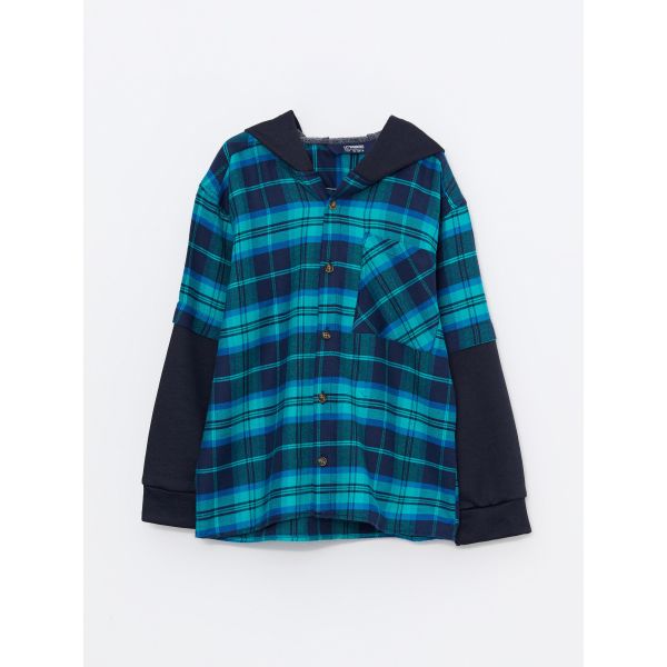 Hooded Plaid Long Sleeve Gabardine Boy Shirt