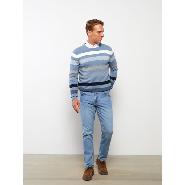 Crew Neck Long Sleeve Striped Men's Tricot Sweater