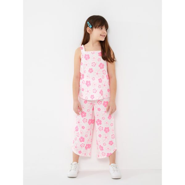 Poncho Square Collar Patterned Girl's Blouse and Trousers