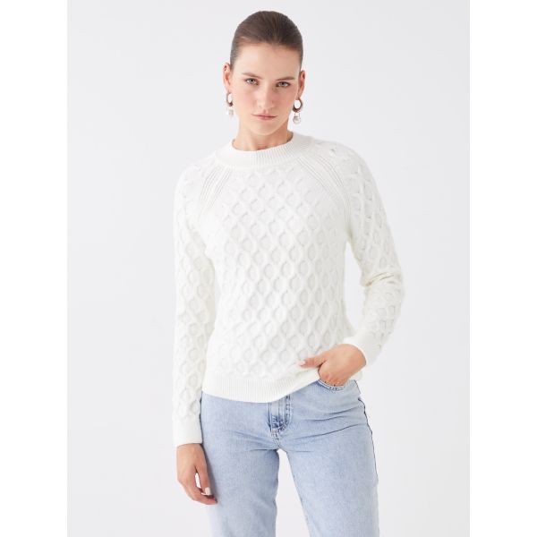 Crew Neck Self Patterned Long Sleeve Women's Tricot Sweater