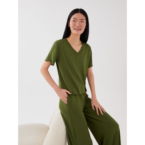 Petite V Neck Straight Short Sleeve Women Pajamas Set