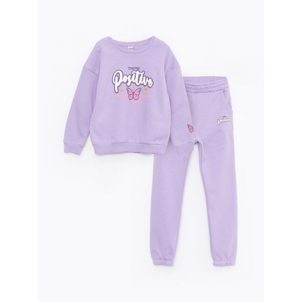 Crew Neck Printed Long Sleeve Girl Sweatshirt and Sweatpants