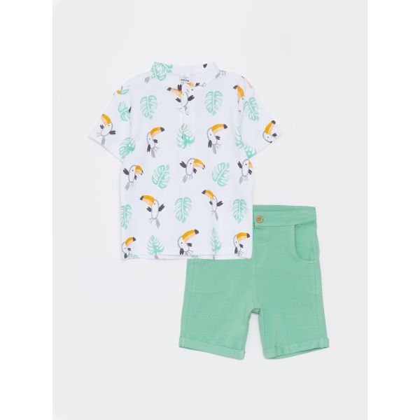 Big Collar Short Sleeve Printed Baby Boy T-Shirt and Shorts 2-Pack Set