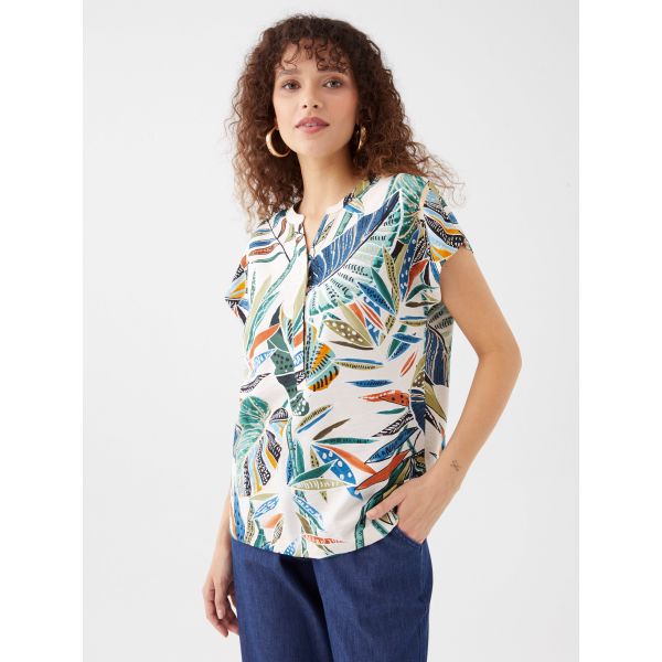 Women's Henley Neckline Patterned Short Sleeve Blouse