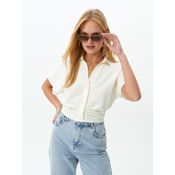 Shirt Collar Straight Short Sleeve Crop Women's Blouse