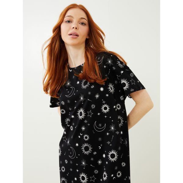 Crew Neck Patterned Short Sleeve Cotton Women's Nightgown