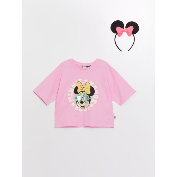 Crew Neck Minnie Mouse Printed Short Sleeve Girls' Crop T-Shirt and Crown