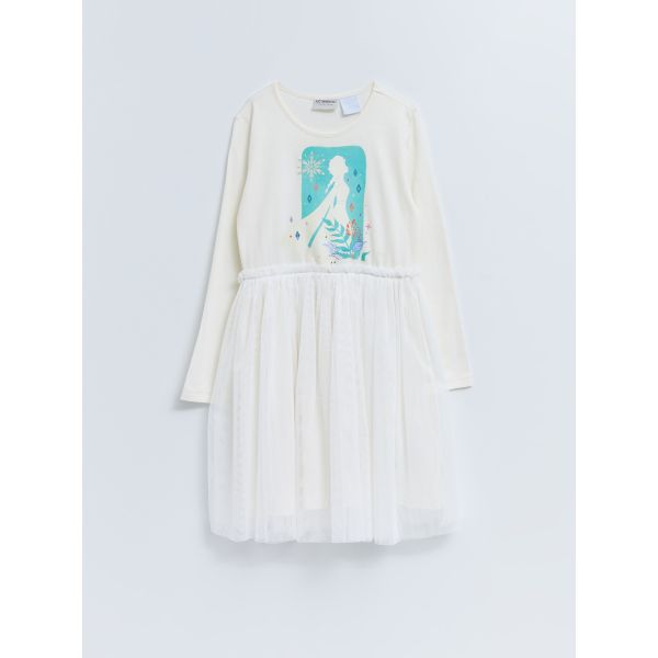 Crew Neck Elsa Printed Long Sleeve Girl Dress