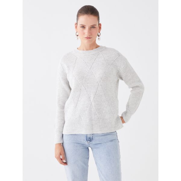 Crew Neck Self Patterned Long Sleeve Women's Tricot Sweater