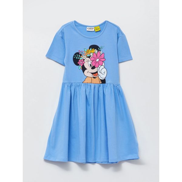 Crew Neck Minnie Mouse Printed Short Sleeve Girls Dress