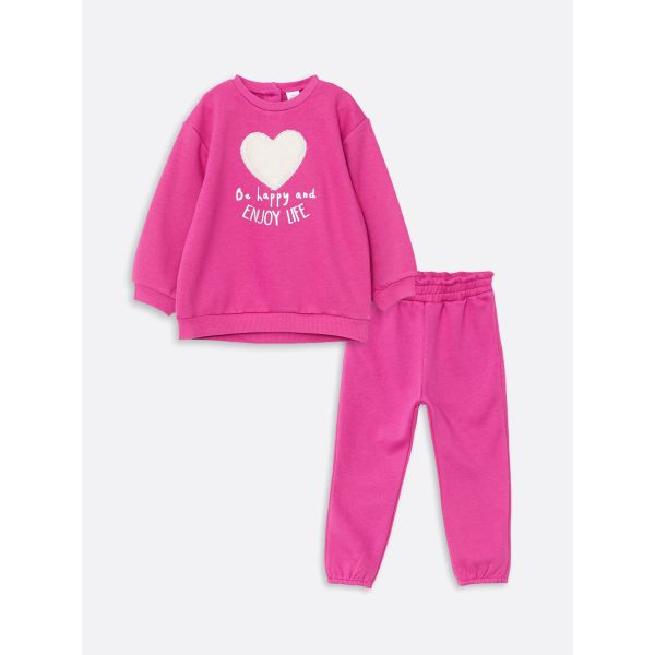 Crew Neck Long Sleeve Printed Baby Girl Sweatshirt and Sweatpants 2-Pack Set