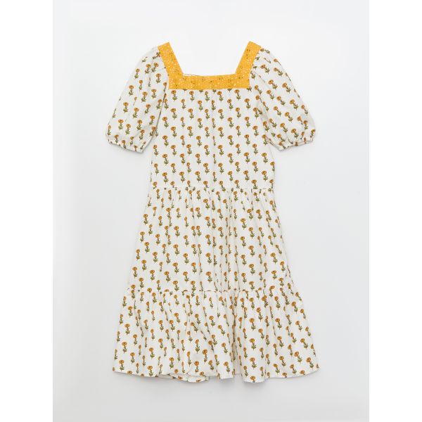 Square Neck Patterned Short Sleeve Poplin Girl Dress