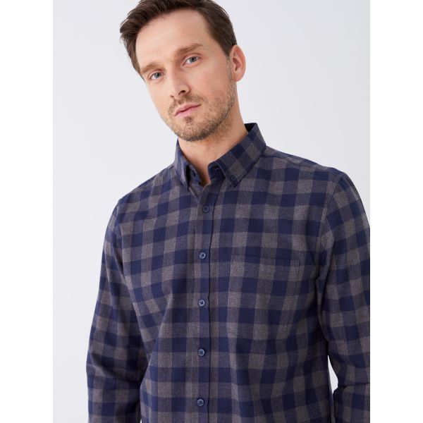 Regular Fit Long Sleeve Plaid Gabardine Men's Shirt